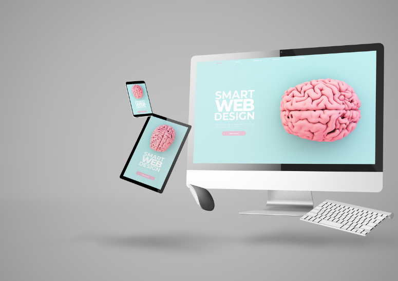 Illustration mit Bildschirm, Tablet und Smartphone, die eine moderne Webdesign-Oberfläche mit einem Gehirn zeigen.